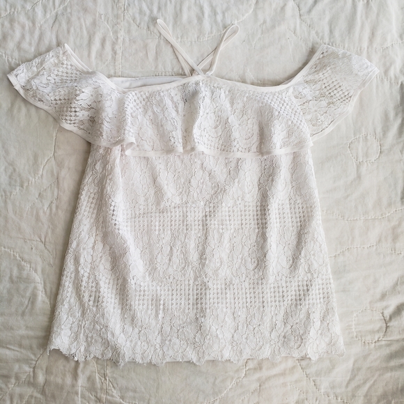 Blue Rain Cotton White Lace Off-Shoulder Blouse | Elegant Date Night Top, Spring - Picture 7 of 9